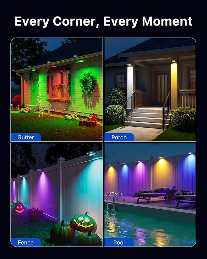 Color Changing Solar Gutter Lights Outdoor Waterproof 12 LED Clip On Gutters Light for Rainspout, Fence, Rail, Wall, Deck, Garden, Yard, Garage, Patio, Pool, Decoration to Create Memorable Moments