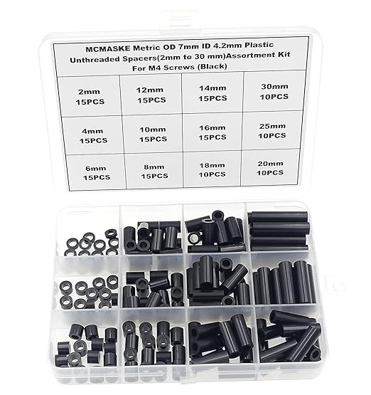 Metric OD 7mm ID 4.2mm Plastic Unthreaded Spacers(2mm to 30 mm) Assortment Kit for M4 Screws;Clearance Spacers;Round Spacers(Black)
