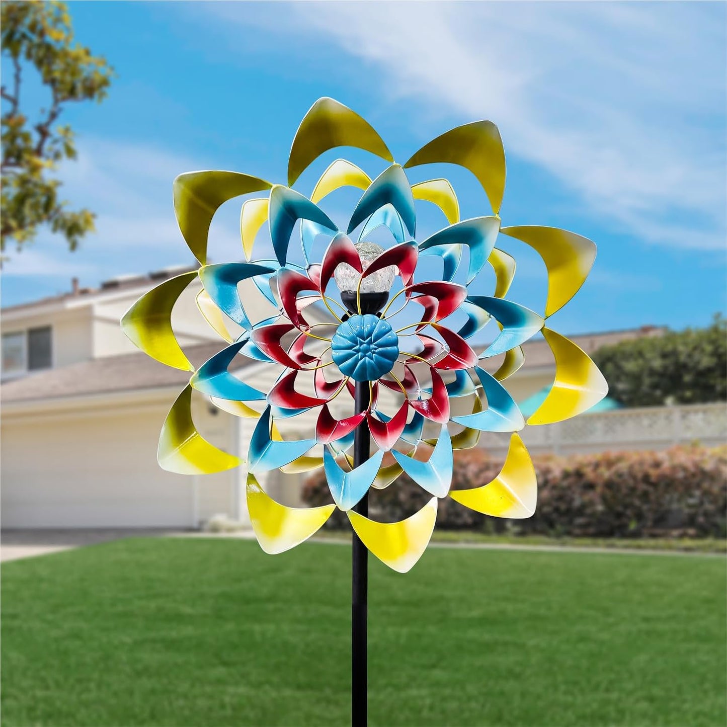 Outdoor Wind Spinner with Garden Stake 82.7" Metal Two-Way Wind Sculptures Solar Color Changing Lights Large Windmills for Garden,Patio,Yard,Lawn Decor Gifts Flower