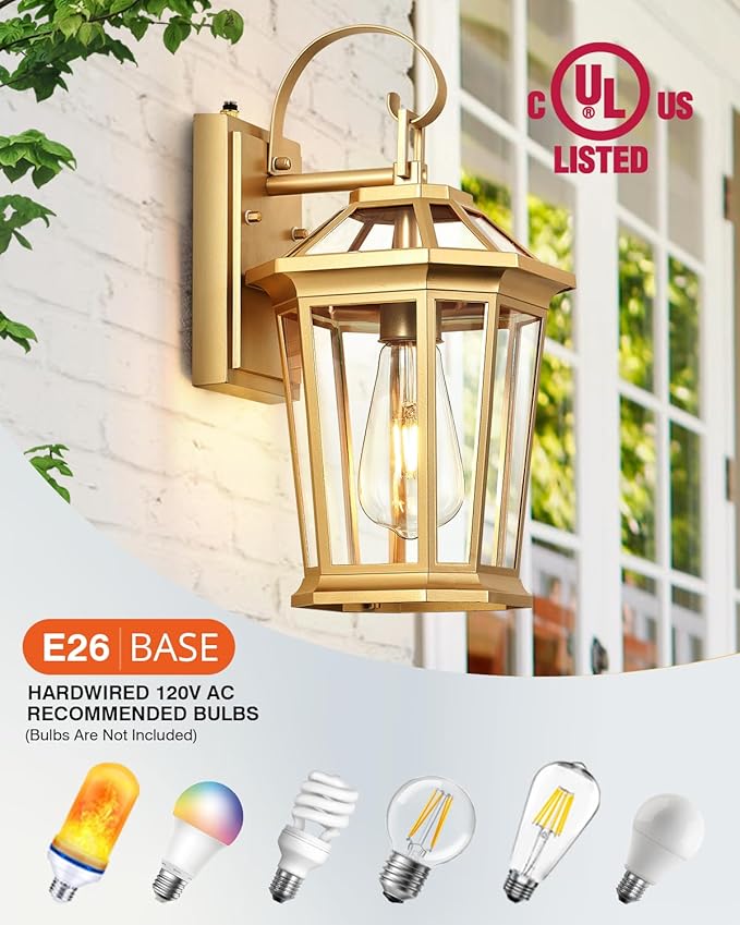 VIANIS Dusk to Dawn Outdoor Wall Lanterns, Modern Golden Exterior Lighting Fixtures Wall Mount Sconces, 100% Aluminum Waterproof Gold Porch Lights, Outside Coach Lantern for House Patio Garage, 2-Pack