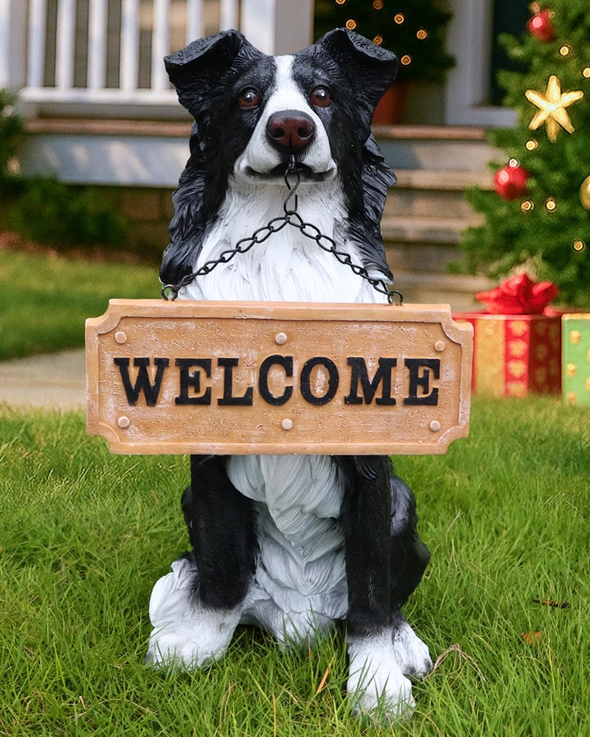 Border Collie Solar Welcome Statue, Hand-Painted Resin Sitting Dog Figurine with Lantern and Dual Wooden-Style Signs, Intelligent Guardian Sculpture for Garden and Porch Décor