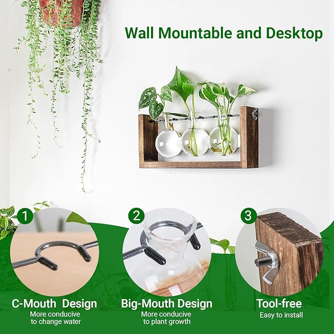 Ivolador Wall Hanging Plant Propagation Station,Bulb Plant Terrarium with Wooden Stand,Unique Gardening Gifts for Women Plant Lovers,Hydroponic Indoor Planter Home Office Decor-3 Bulb Glass Vases