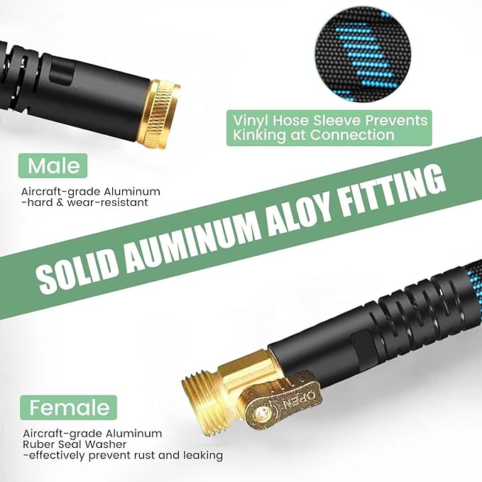 75Ft Non-Expandable Garden Hose, Flexible Water Hose with 10-Pattern Spray Nozzle, Lightweight Hose Pipe, Kink-Free, Leak-Proof, 3/4" Solid Metal Fittings