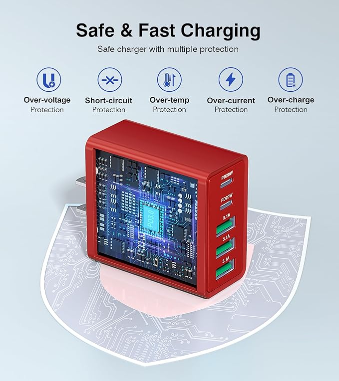 USB C Wall Charger Block, 2Pack 50W USB C Charger 5-Port PD Fast Charging Blocks,QC 3.0 USB A Multiport Plug,Type C Power Adapter Brick Cube for iPhone 16/15/14/13/Pro,Samsung,for Switch/Pixel（Red