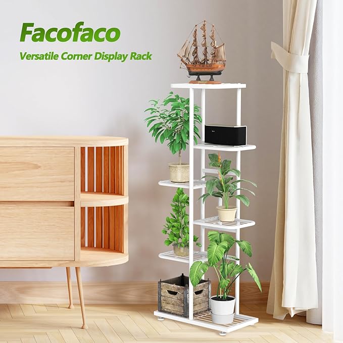 6 Tier 7 Potted White Plant Stand Indoor Outdoor with Gardening Tools and Gloves, Upgraded Corner Metal Plant Rack UnitShelf for Multiple Plants,Tall Flower Pot Holder Display for Patio, Balcony, Living Room