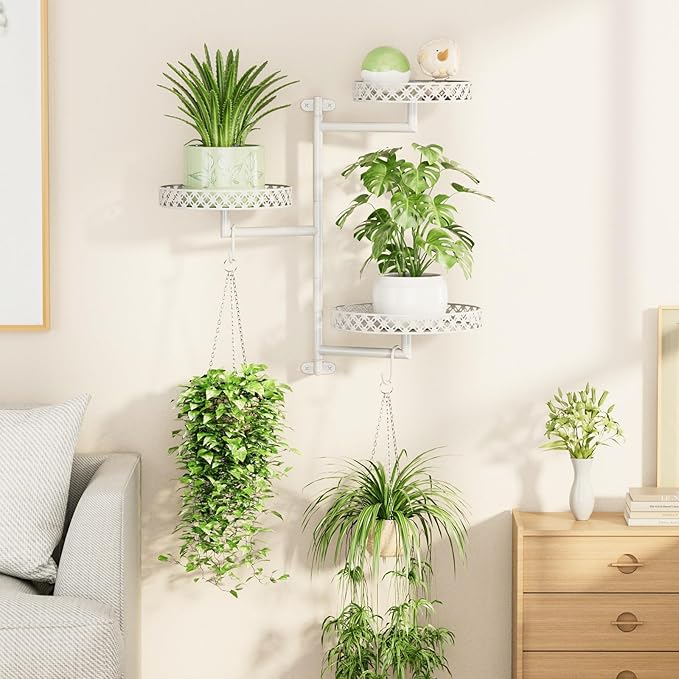 OVICAR Rotating Window Plant Shelves - Indoor Wall Plant Stand 3-Tier Floral Metal Window Shelf Holder for Multiple Plants with Hanging Hooks Home Decor White