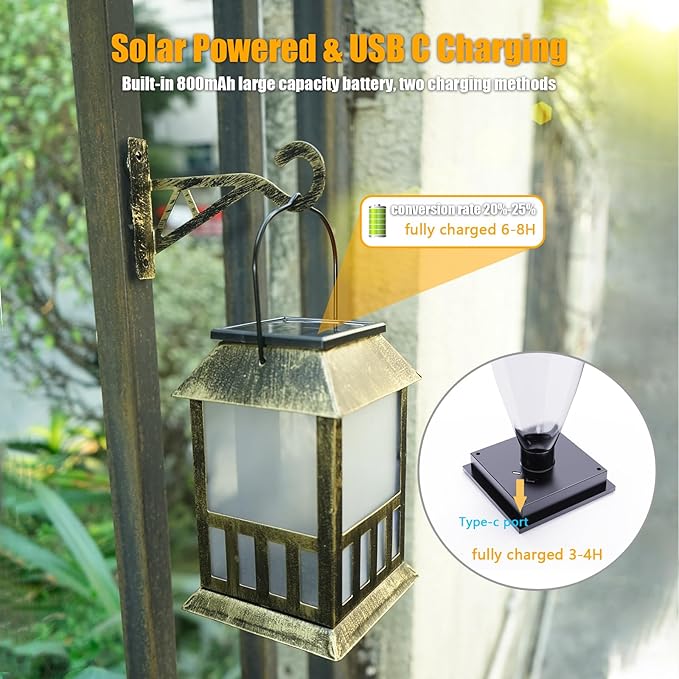 Solar Lanterns Outdoor Waterproof, 3D Star Lantern Light with Flashing Mode, Solar & USB C Charging, Metal Hanging Lantern for Wall Landscape Yard Patio Garden Driveway, RGB Light 2 Pack