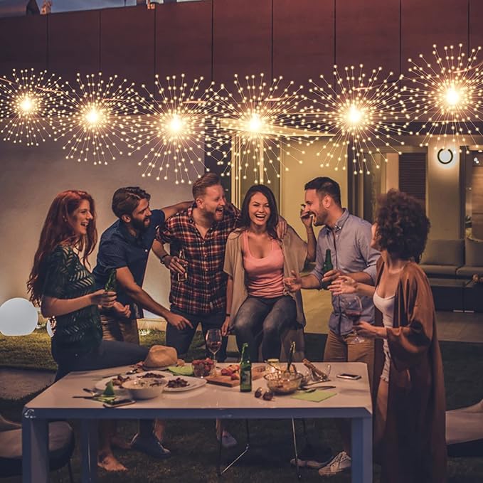 2 Pack Hanging Decor Lights,200 LED Battery Powered Fairy Light, Fireworks Light with Remote, Waterproof Starburst Lights for Gardens Courtyards Christmas Festive Wedding Parties (Warm White)