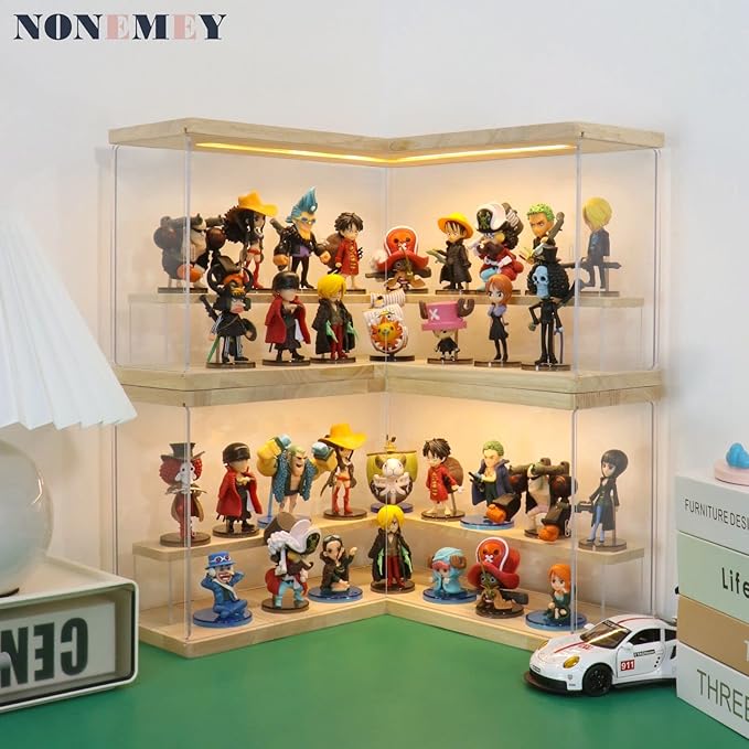 NONEMEY Clear Acrylic Display Case Stand with Wood Base 2/3/4/5/6 Tier Storage Box Showcase Dustproof Organizer Box for Collectibles (2Tier L Shape)