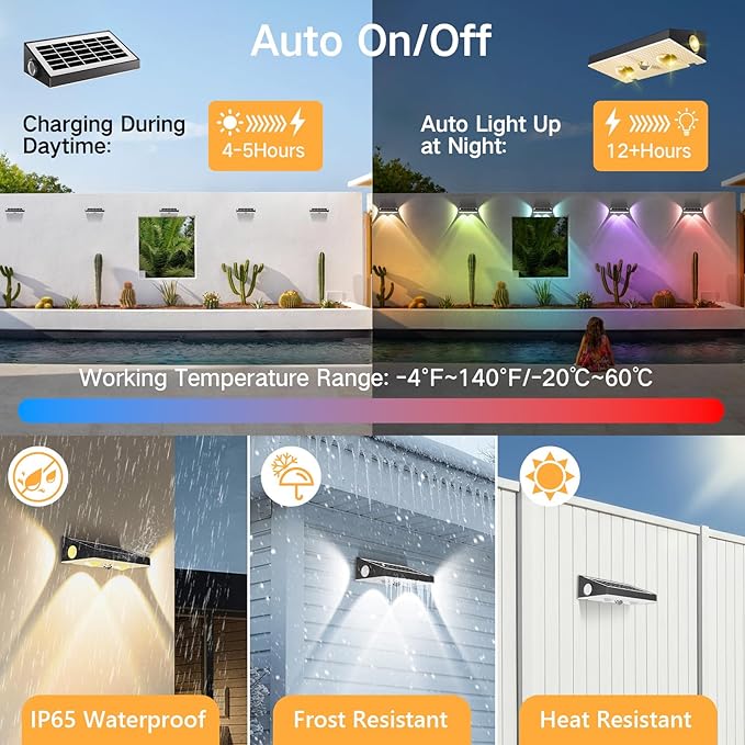 OUTON Solar Fence Lights Outdoor, 3-Side RGBCW Fence Light Solar Powered, 10 Modes Dusk to Dawn Auto ON/Off Deck Lights, IP65 Waterproof Outside Light for Garden Step Patio Backyard Wall, 8-Pack