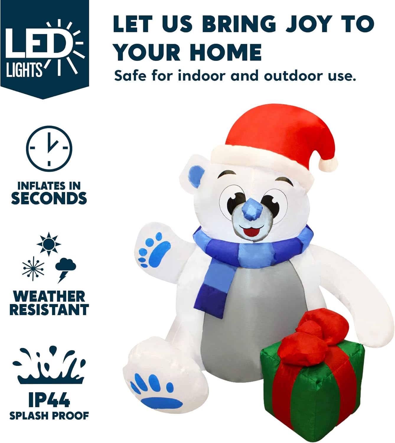 Joiedomi 4 ft Christmas Inflatable Polar Bear with Gift Decoration, Blow Up Polar Bear with Build-in LEDs for Xmas Yard Decoration Holiday Indoor Outdoor Garden Lawn Party Favor Holiday Supplies Décor