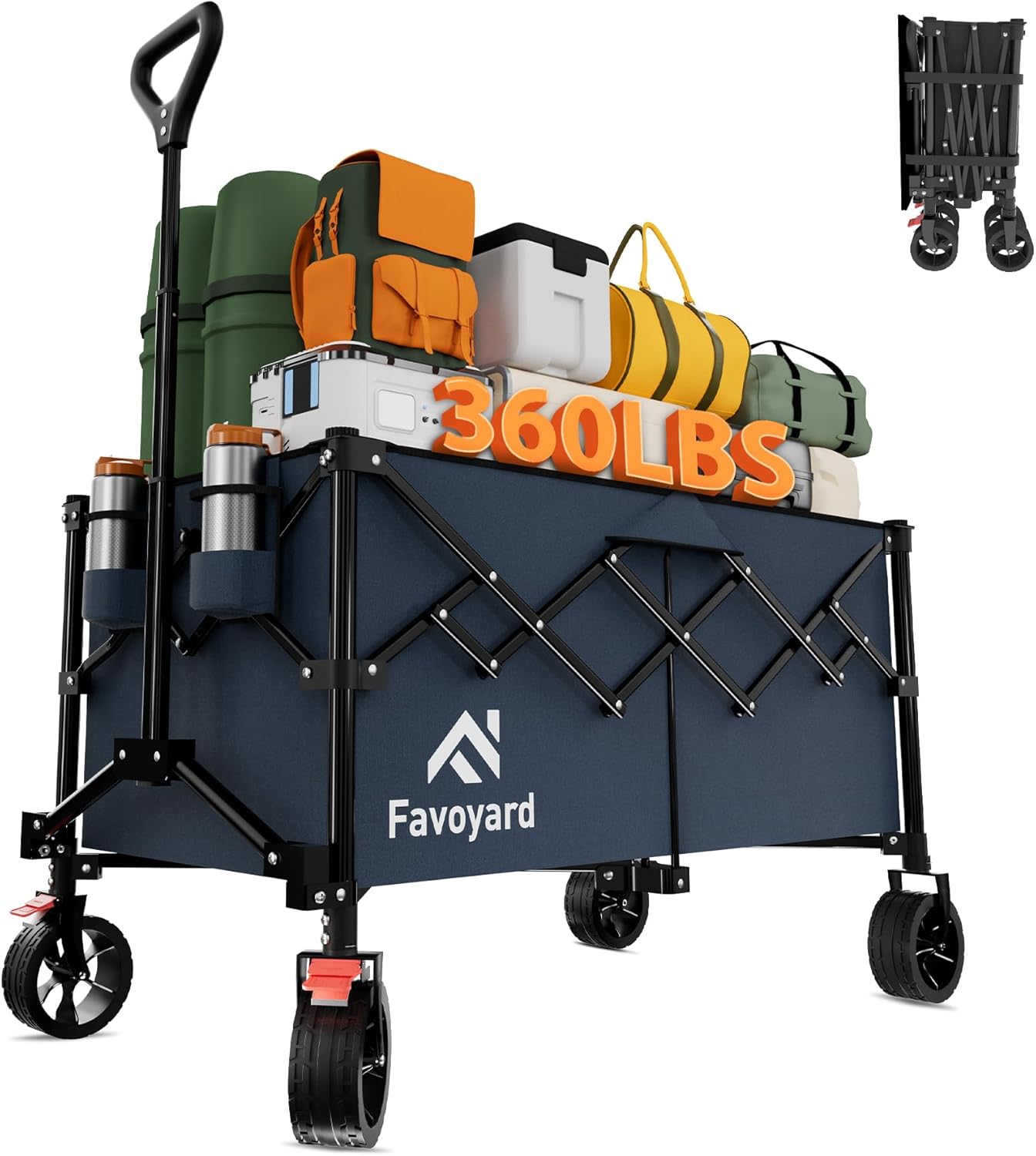 Favoyard Extra Large Collapsible Wagon Carts Foldable 360LBS Heavy Duty Beach Wagons with Big Wheels & Brakes Portable Folding Cart for Shopping Grocery Utility Sports Garden Camping Outdoor, Blue