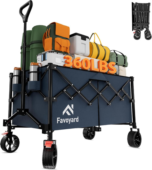 Favoyard Extra Large Collapsible Wagon Carts Foldable 360LBS Heavy Duty Beach Wagons with Big Wheels & Brakes Portable Folding Cart for Shopping Grocery Utility Sports Garden Camping Outdoor, Blue