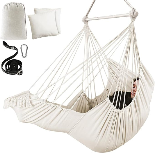 Chihee Hammock Chair Hanging Chair with Foot Rest 2 Cushions Max 500lbs Robust Metal Spreader Bar Collapsible Easy Storage Soft Cotton Swing Chair Strong Strap Iron Carabiner Side Pocket Included