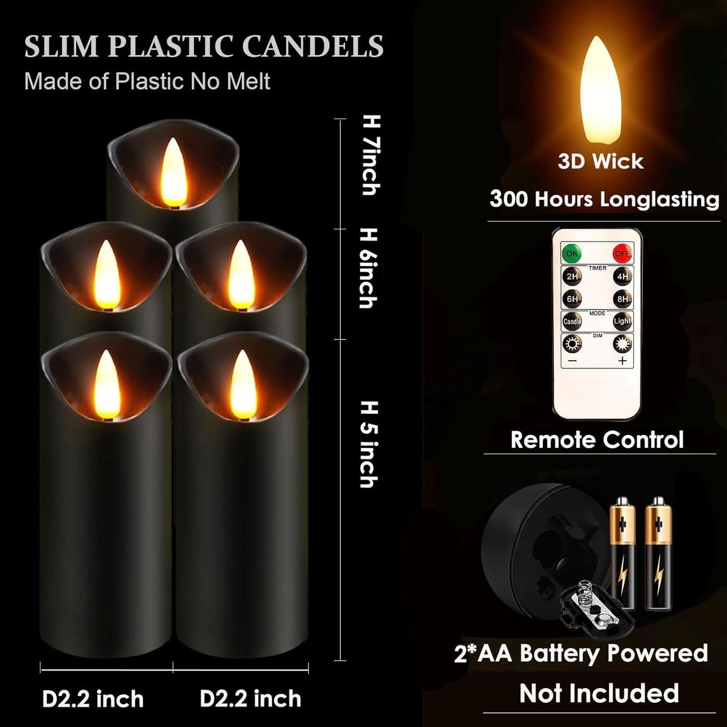 Black Pillar Flameless Candles 3D Wick with Controller,led Slim Candles Flicering Flame,Battery Operated Fake Plastic Candles for Halloween Christmas,Party Décor.(5Pack H 5" 5" 6" 6" 7" x D 2.2")