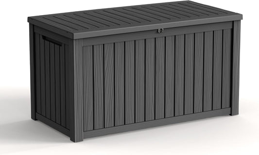 180 Gallon Waterproof Outdoor Storage Box, UV Resistant Resin Deck Box with Hydraulic Rod for Reinforced Stability, Perfect for Patio, Garden, and Pool, Striped Black