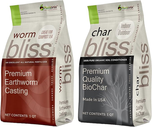 Worm Bliss (1 Qt) + Char Bliss (1 Qt) - OMRI-Listed Worm Castings & Organic Biochar for Plants - All Natural Worm Fertilizer for Plants - Biochar Soil Conditioner - Organic Worm Castings for Plants