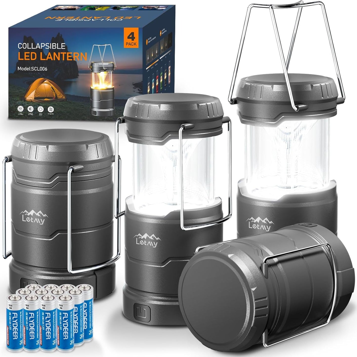 LETMY LED Camping Lantern for Power Outages, 3 Color Modes & Dimmable Battery Powered Lantern, IPX4 Waterproof & Collapsible, Lanterns Flashlight Survival Kits for Emergency Hurricane Hiking, 4 Pack