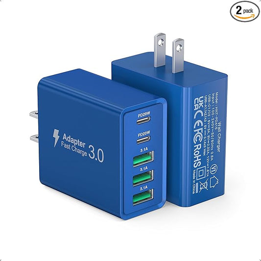 USB C Wall Charger, 50W USB C Charger Block 2-Pack 5-Port PD Fast Charging Blocks,Multiport 2USB C+3USB A Plug,Type C Power Adapter Brick Cube for iPhone 16/15/14/13,Samsung,for Switch（Dark Blue）
