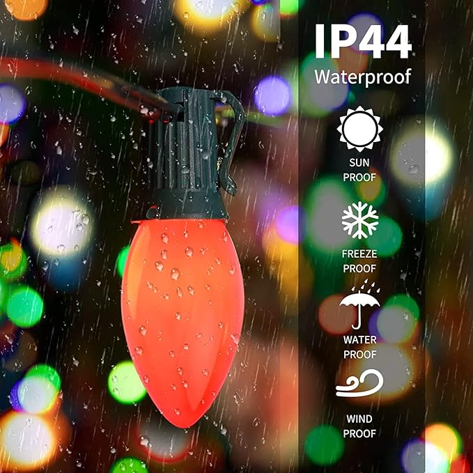 25Ft Outdoor Multicolor Ceramic Christmas String Lights,C9 Vintage Opaque Christmas String Lights for Patio Garden Christmas Tree Decoration,C9/ E17 Candelabra Base, Green Wire