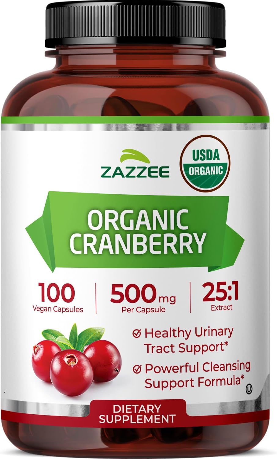 Zazzee USDA Organic Cranberry 25:1 Extract, 500 mg per Capsule, 100 Vegan Capsules, Over 3 Month Supply, Standardized, Concentrated 25X Extract, 100% Vegetarian, Certified Organic, Non-GMO All-Natural