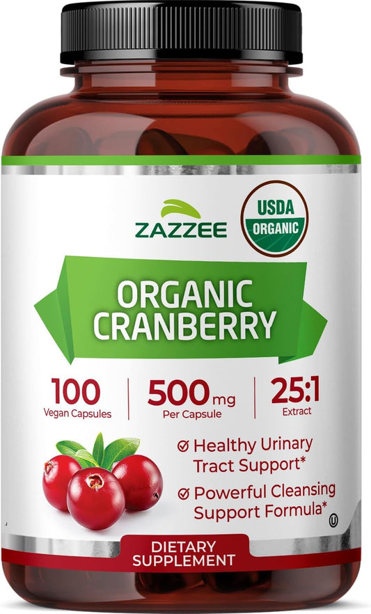 Zazzee USDA Organic Cranberry 25:1 Extract, 500 mg per Capsule, 100 Vegan Capsules, Over 3 Month Supply, Standardized, Concentrated 25X Extract, 100% Vegetarian, Certified Organic, Non-GMO All-Natural