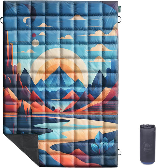 Down Camping Blanket, Ultralight Compact Packable Throw with Snaps for Outdoor Indoor, Travel Stadium Concert Picnic Beach, Puffy 650 Fill Down Water-Resistant Quilt (Mountain Sunset)