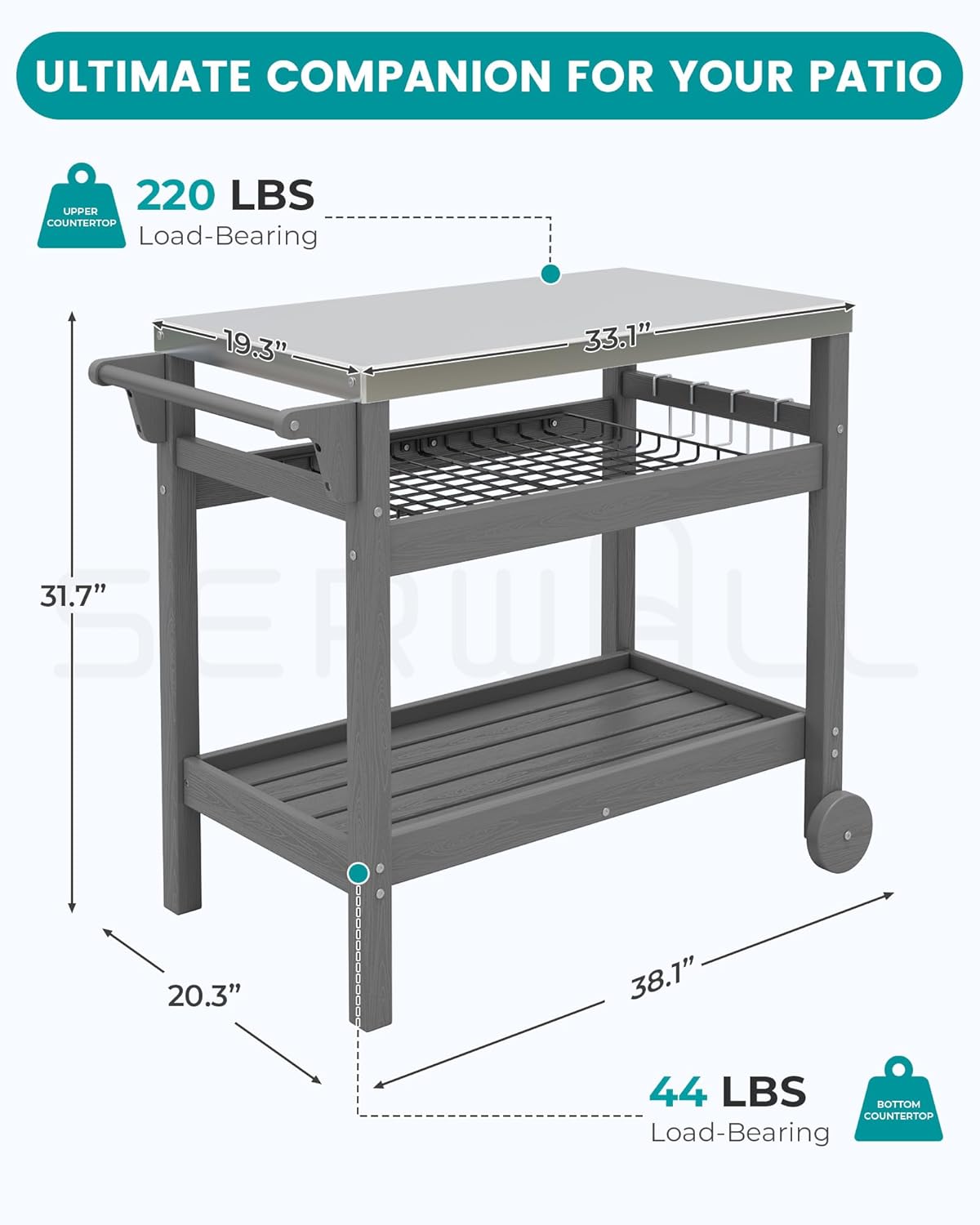 SERWALL Outdoor Grill Cart, HDPE Pizza Oven Stand Trolley Table with Wheels, Three-Shelf Movable Food Prep and Work Table, Grey