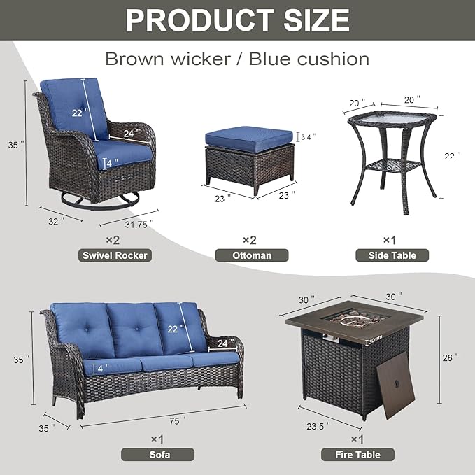 Outdoor Patio Furniture Set with Propane Fire Pit Table, 7 Pieces Wicker Patio Conversation Set with 2 Swivel Glider Rocker Chairs Rattan Sofa Blue Cushion Perfect for Casual Gathering