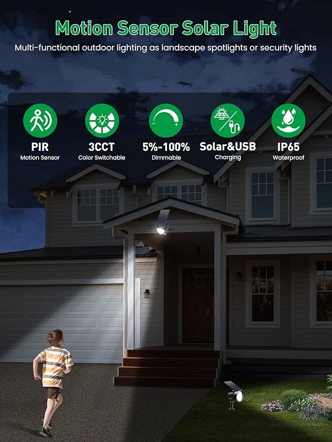 3CCT Solar Spot Lights Outdoor Motion Sensor, Dimmable Solar Landscape Spotlights IP65 Waterproof Motion Sensor Lights for Garden Yard Pathway Garage, 4 Pack
