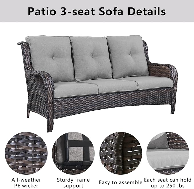 Outdoor Wicker Furniture Patio Set - 7 Piece Backyard Furniture Brown Rattan Conversation Sets with Swivel Rocker Chairs, Rattan Sofa, Club Chairs and Coffee Table, Grey Cushion