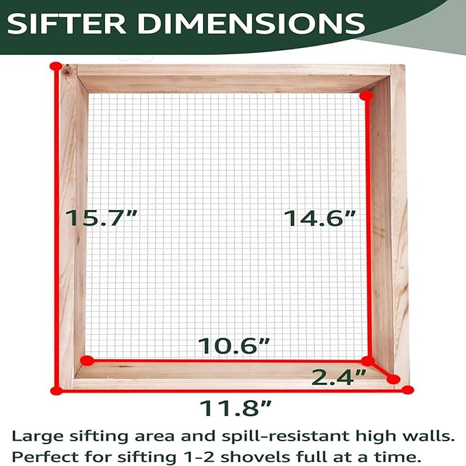Soil Sifter,Dirt Sifter for Gardening Rock Sifter for Rocks Compost Sifter Wooden Sifting Screen,Garden Sieve for Pellet/Gravel/Soil/Leaves,Garden Tool 15.7" x11.8”x2.8” with 1/5” Mesh