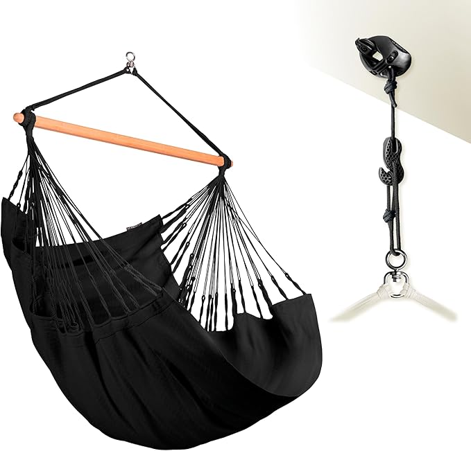 LA SIESTA® - Large Comfort Habana Cotton Hammock Chair & CasaMount - Hanging Chair w/Suspension Kit for Walls Ceilings & Square Beams - Indoor Outdoor Swing Hanging Chair Bedroom Balcony - Onyx