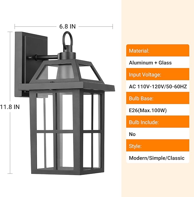 WIHTU Outdoor Wall Lantern, Waterproof Wall Sconce Light Fixtures, Porch Lights with Glass Shade, Exterior Light Fixtures, Aluminum Mount Lanterns, Anti-Rust Front Door Mount Lighting, 2 Pack
