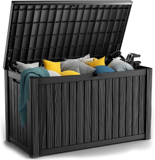 200 Gallon Resin Deck Box, Lockable Patio Outdoor Storage Box for Furniture, Garden Tools and Tools Storage, Waterproof Outside Storage Boxes - Black