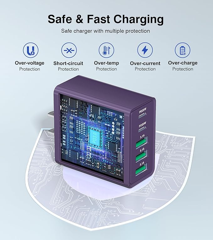 [2-Pack] USB C Wall Charger, 50W Charger Block 5-Port PD Fast Charging Blocks,Multiport 2USB C+3USB A Plug,Type C Power Adapter Brick Cube for iPhone 16/15/14/13/Pro,Samsung,for Switch（Purple）