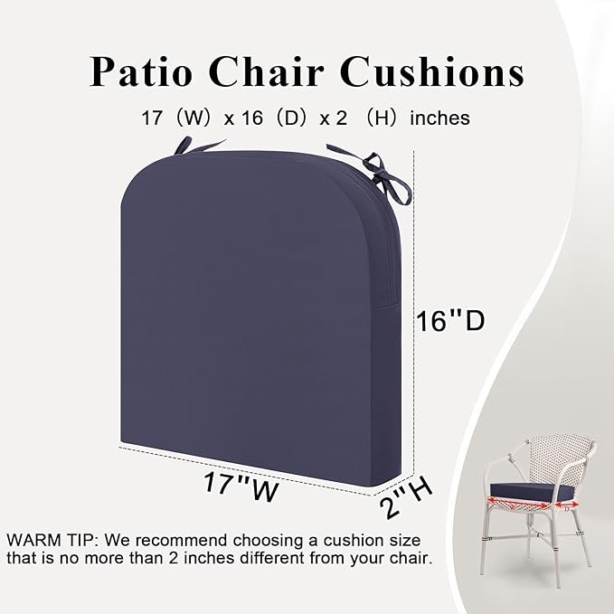 Outdoor Chair Cushions Set of 2, Waterproof Foam Patio Seat Cushions with Ties for Garden Sofa & Dining Furniture, 3-Year Color Fastness, 16x17x2 Inch, Grey