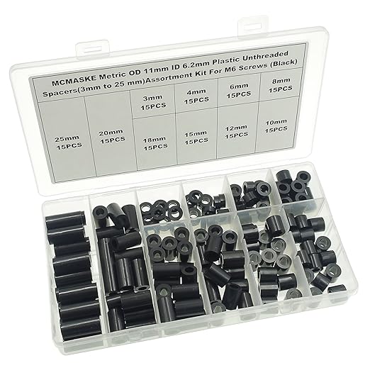 OD 11mm(0.433") ID 6.2mm(0.244") Plastic Unthreaded Spacers Assortment;Wall Plate spacers for M6 Screws;Clearance Spacers;Round Spacers;3mm to 25 mm Lengths(Black)
