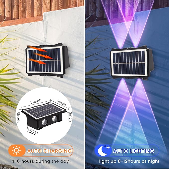 Solar Powered Outdoor LED Lights, Waterproof Wall Sconces, 4 LEDs Fence Lights, Up & Down Lighting for Backyard, Deck, Patio, Porch, Balcony, Garden (4 Pack)