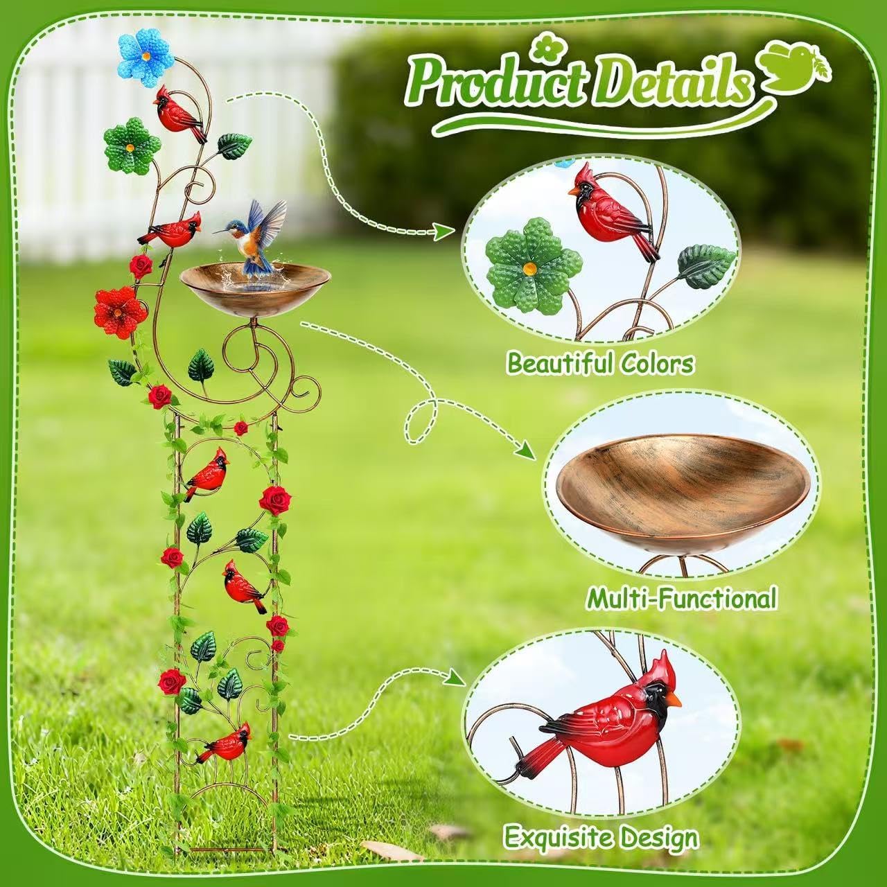 57” Bird Bath with Garden Trellis for Climbing Plants Outdoor, Small Decorative Metal Birdbath Bird Baths (Redbird)