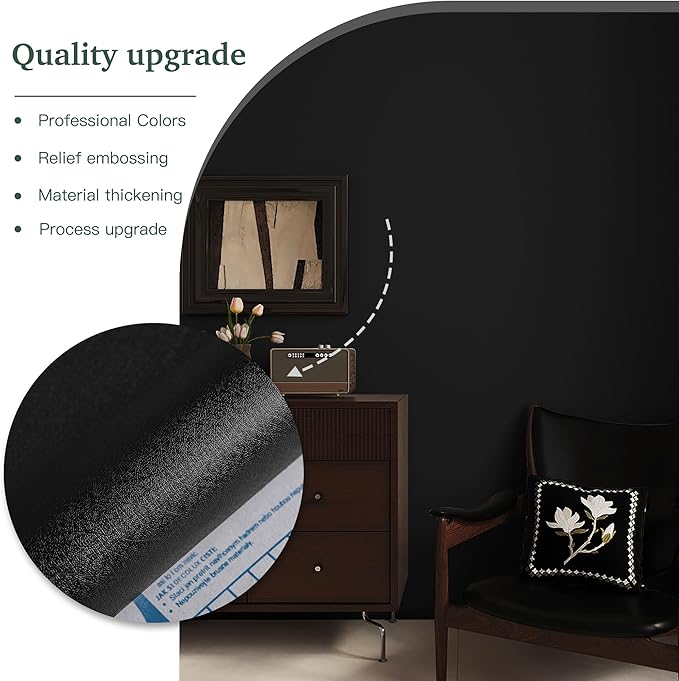 Dimoon 236''x17.7'' Black Peel and Stick Wallpaper Contact Paper Modern Self Adhesive Wall Paper Removable Renter Friendly Textured Solid Color Shelf Cabinet Vinyl Roll (236''x17.7'',Black)