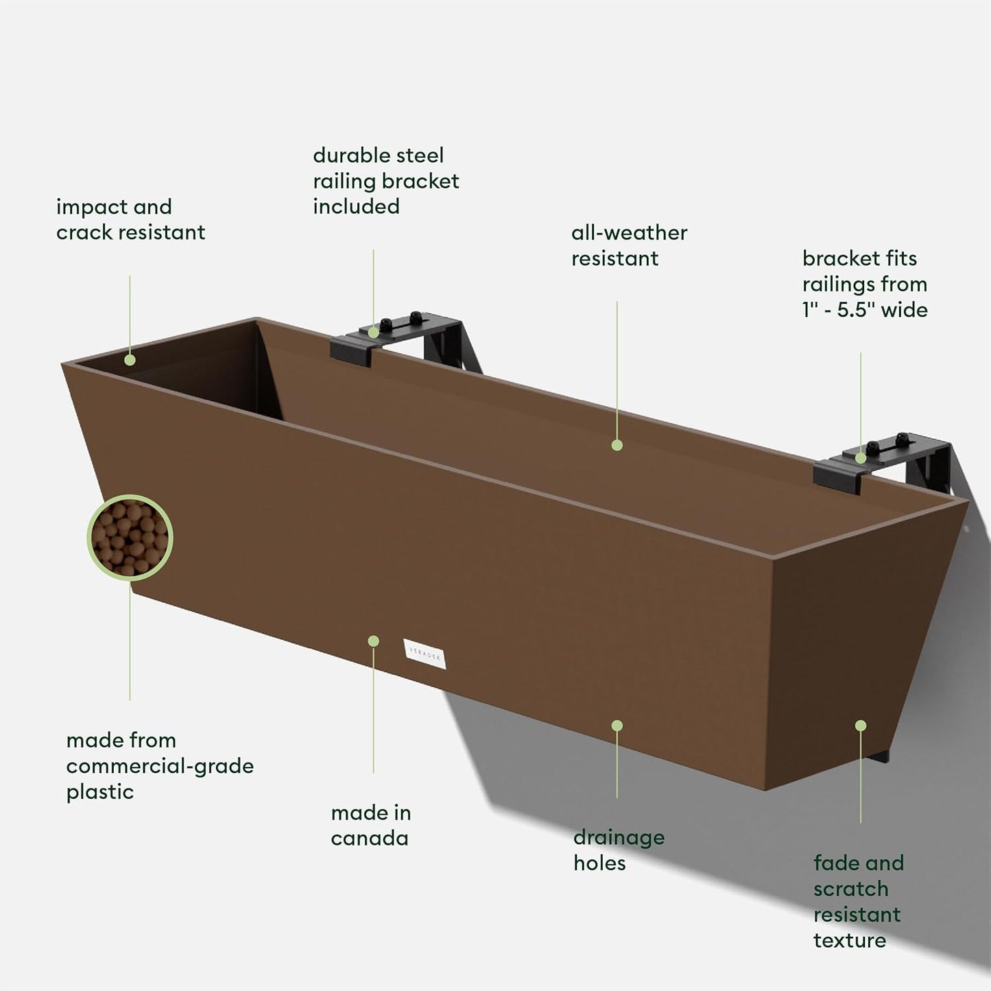 Veradek Pure Series Railing Planter - Plastic Hanging Planter for Outdoor Balcony/Fence | Durable All-Weather Use with Adjustable Brackets | Modern Décor for Flowers, Succulents, Hanging Plants