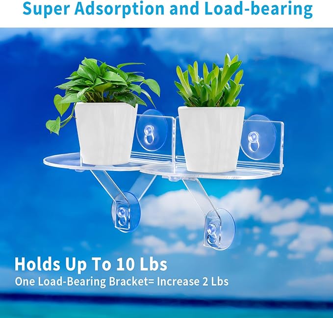 2-Pack Acrylic Window Plant Shelves with Suction Cups & Support Brackets - Rectangle Window Sill Extender for Herb Pots, Succulents, Flower Boxes, Micro Greens | Indoor/Outdoor Use