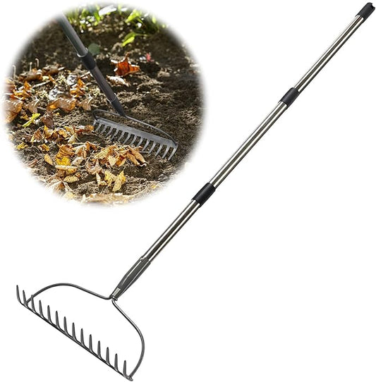 Rake for Leaves, Garden Bow Rake Heavy Duty, 5 ft Leaf Rake for Lawns, Back-Saving Metal Rake with 14 Tines Rake Head, Yard Gardening Tools for Loosen Soil, Clear Gravel Grass Rock, Level Mulch