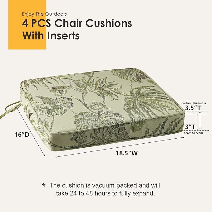 Outdoor Square Corner Seat Cushion, 18.5"x16"x3", Set of 4, Non Slip Seat Cushion Pads with Removable Cover for Patio Furniture, Garden Yard Lawn, Dark Green Vine