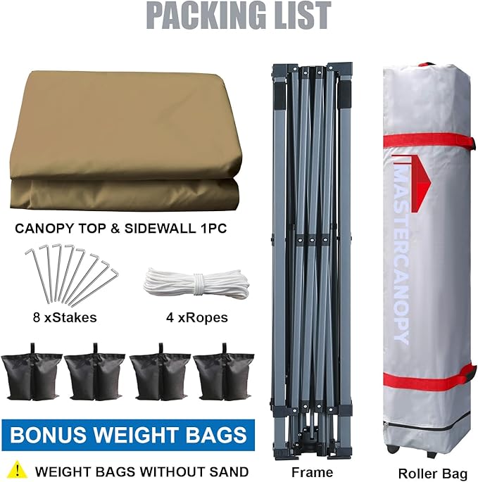 MASTERCANOPY Pop up Canopy Tent with 1 Sidewall (12x12 ft, Khaki)