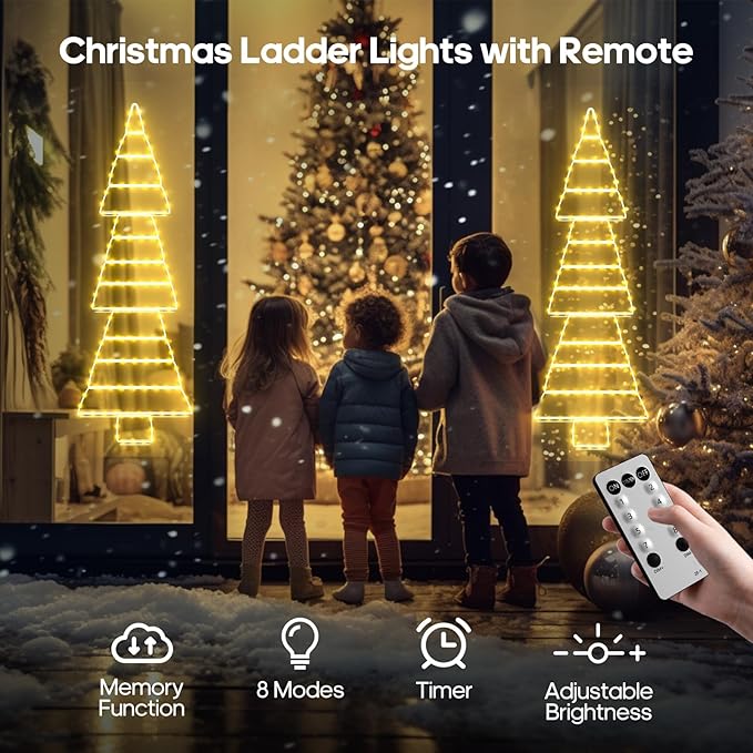 LED Christmas Lights Outdoor, 4.6ft Ladder Lights, Plug-in Christmas Tree Hanging Lights, Waterproof 8 Light Modes Christmas Decoration Lights for Indoor, Wall, Window, Garden - Warm White