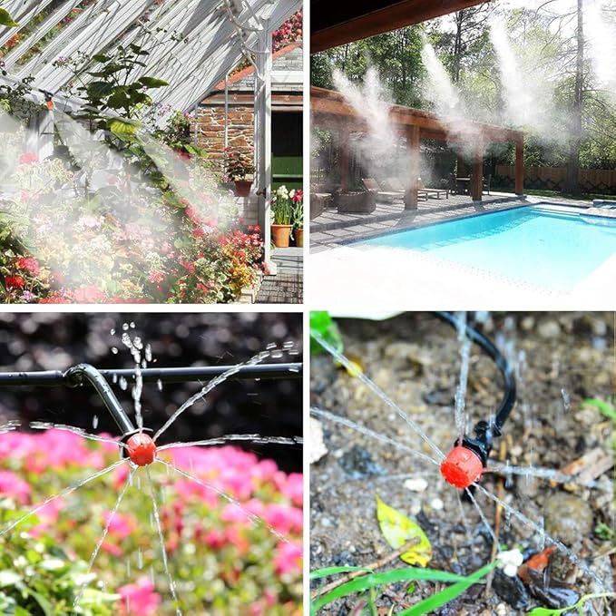 MSDADA Garden 50Ft Automatic Drip Irrigation Kits, 1/4" Blank Distribution Plant Watering Irrigation Kit Accessories Include Adjustable Nozzles, Cooling Irrigation System for Garden (Red)