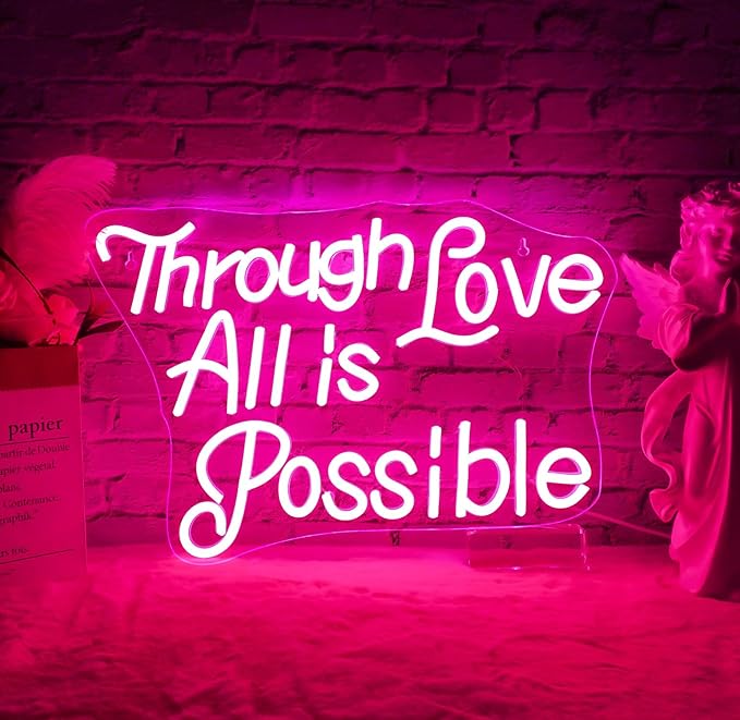 WLHOPE Through Love All is Possible Neon Sign Neon Signs for Wall Decor Dimmable Through Love All is Possible Pink Neon Lights LED Sign for Bedroom,Living Room,Bar,Party,Christmas,Birthday Gift