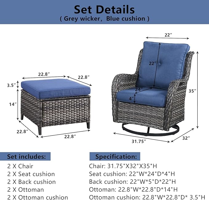 4 Pieces Patio Furniture Sets, Wicker Patio Swivel Glider Chair with Ottomans, Outdoor Furniture Set for Outside Porch, Deck, Balcony, Garden
